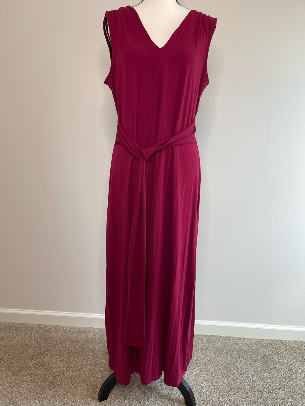 Garnet Hill size large tie waist maxi dress rich berry hue sleeveless v neck
